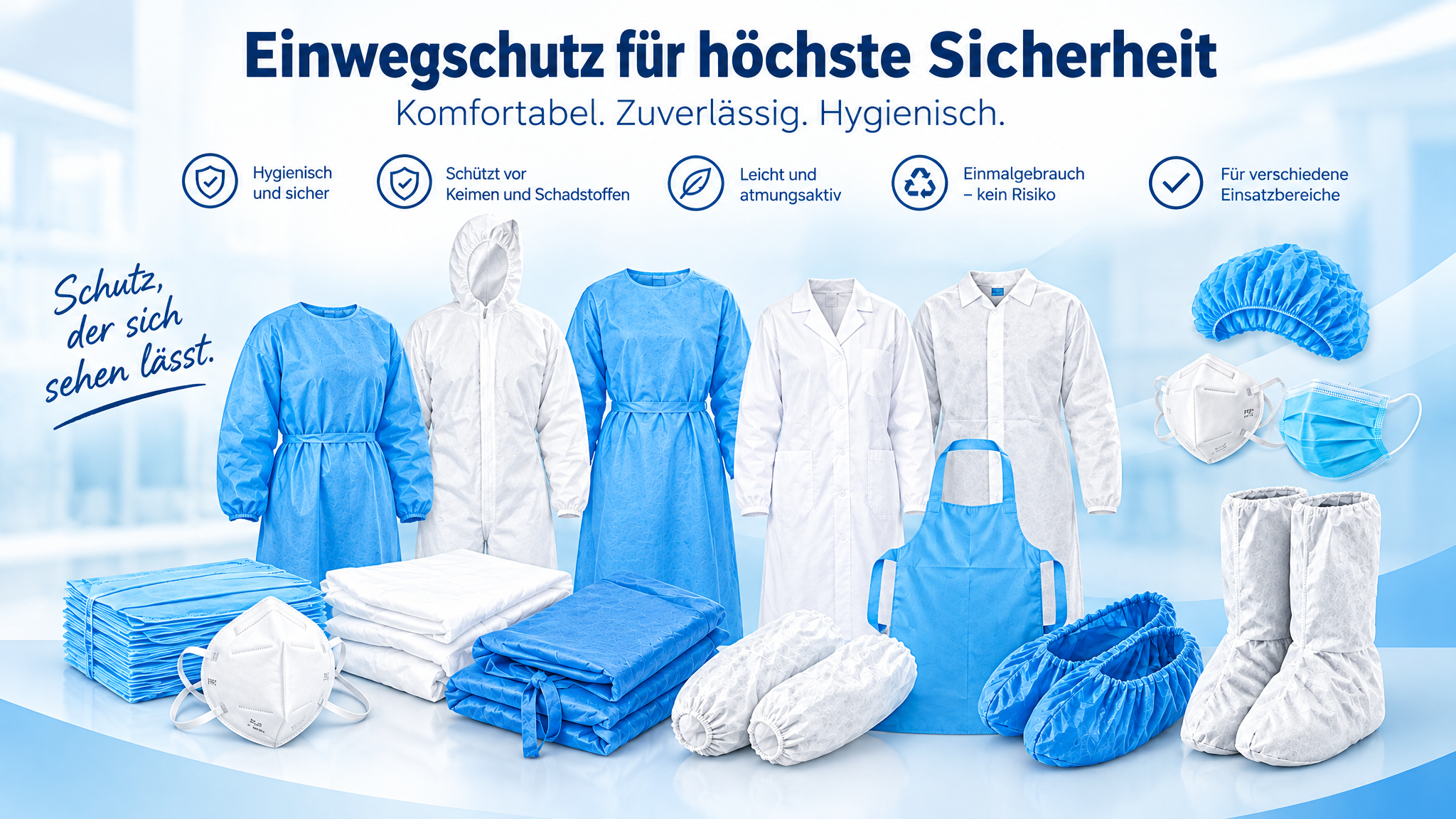 Einwegbekleidung, Einmal-Hygiene-Bekleidung, Einweg-Atemschutz-Masken