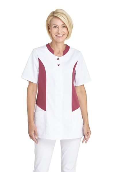 LEIBER-Jobwear, Hosenkasack, Arbeits-Berufs-Kasack, 1/2 Arm, mit Druckknopfleiste, 190 g/m², weiß/beere