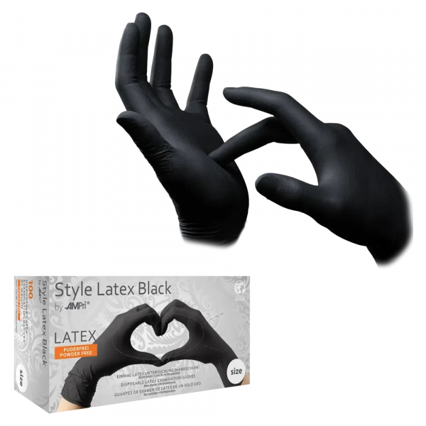 Ampri-Hygiene, Einweg-Latex-Einmal-Untersuchungs-Handschuhe, STYLE LATEX BLACK, puderfrei, schwarz, Pkg á 100 Stück, VE = 1 Pkg.