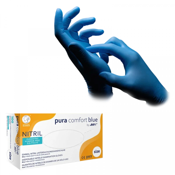AMPRI-Hygiene, Einweg-Nitril-Einmal-Handschuhe, Pura Comfort Blau, puderfrei, blau, Pkg. á 100 Stk. VE = 10 Pkg.