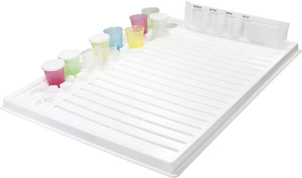 AMPRI-Hygiene, Medikamenten-Tablett für 19 Medikamentendispenser und 19 Becher, 340 x 440 x 15 mm, VE = 30 Stück/Karton, weiß