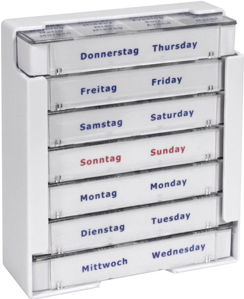 AMPRI-Hygiene, Tabletten-Dispenser für 7 Tage, Tagesdispenser mit 4 Fächern, 10,5 x 3,9 x 12 cm, VE = 60 Stück/Karton