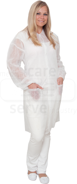 WIROS-care&serve-Hygiene, Einweg-Vlies-Mantel, Einmal-Kittel, ohne Taschen, 30 g/m², 145 x 115 cm, weiß, VE = 50 Stück