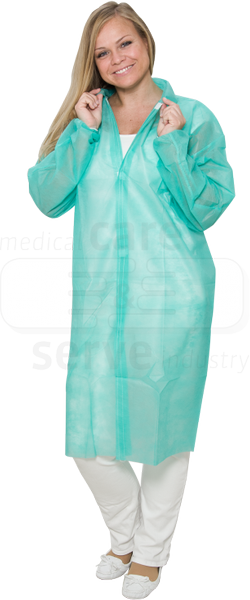 WIROS-care&serve-Hygiene, Einweg-Vlies-Mantel, Einmal-Kittel, Druckknöpfe, ohne Taschen, 30 g/m², 150 x 120 cm, grün, VE = 50 Stück