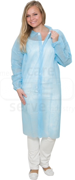 WIROS-care&serve-Hygiene, Einweg-Vlies-Mantel, Einmal-Kittel, Druckknöpfe, ohne Taschen, 30 g/m², 140 x 110 cm, blau, VE = 50 Stück