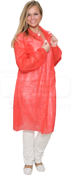 WIROS-care&serve-Hygiene, Einweg-Vlies-Mantel, Einmal-Kittel, Druckknöpfe, ohne Taschen, 30 g/m², 140 x 110 cm, rot, VE = 50 Stück