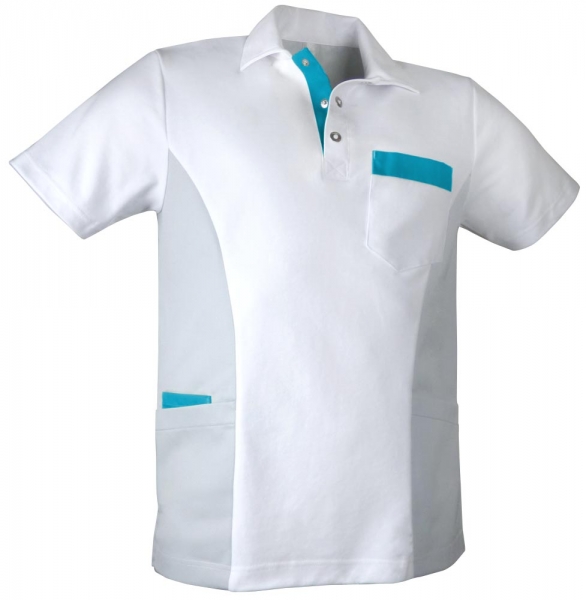 Teamdress-Jobwear-Service, Herren-Polo-Kasack, Arbeits-Berufs-Kasack, wei/grau/trkis