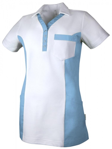 Teamdress-Jobwear-Service, Damen-Polo-Kasack, Arbeits-Berufs-Kasack, mit Brusttasche, wei/azurblau