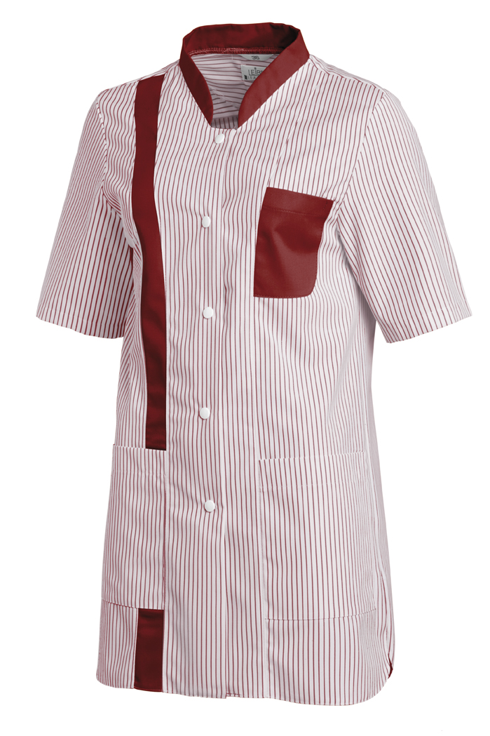 LEIBER-Jobwear, Hosenkasack, Arbeits-Berufs-Kasack, 1/2 Arm, Webstreifen, weiß/bordeaux