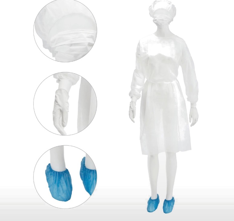 AMPRI-Hygiene, Einweg-Personen-Schutzset, Einmalset, MED COMFORT, Kittel, Handschuhe, Mundschutz, Baretthaube, Überschuhe, weiß, VE = 50 Stück