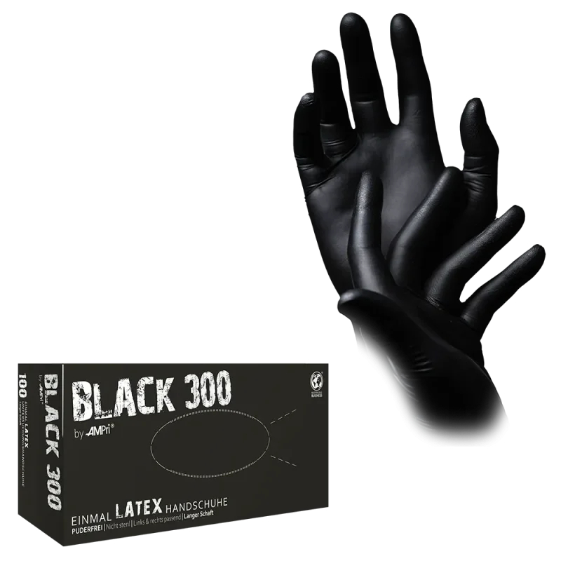 AMPRI-Black 300 Latex, Einmal Latex Handschuhe, puderfrei, schwarz