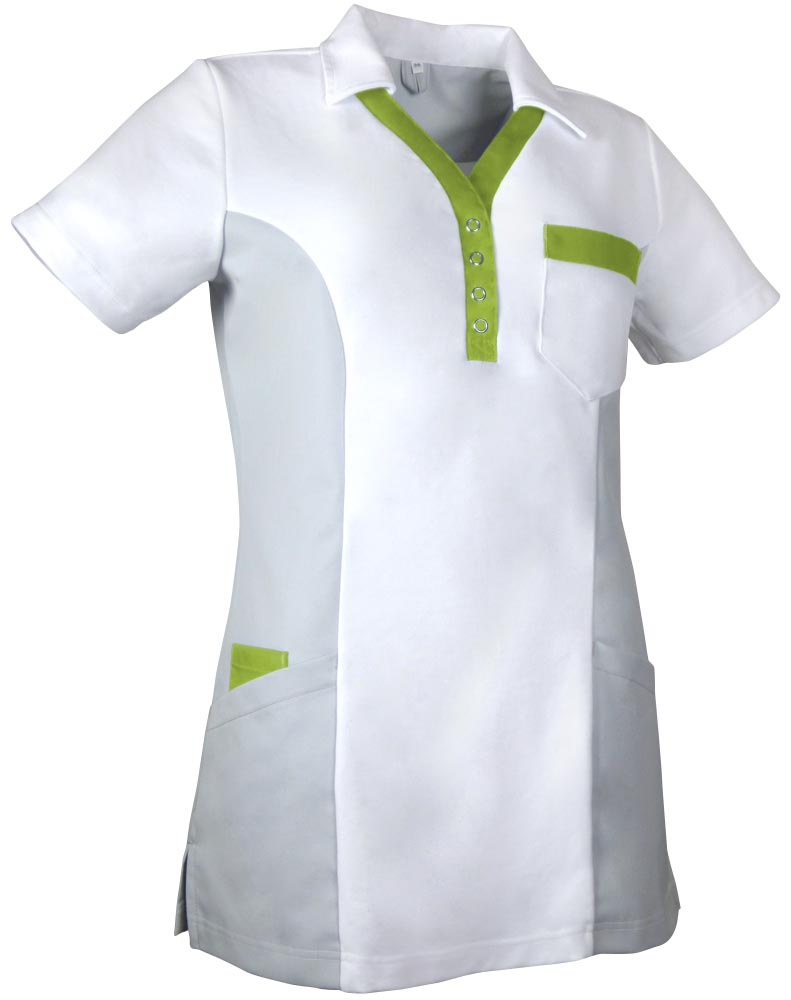 Teamdress-Jobwear-Service, Damen-Polo-Kasack, Arbeits-Berufs-Kasack, weiß/grau/kiwigün