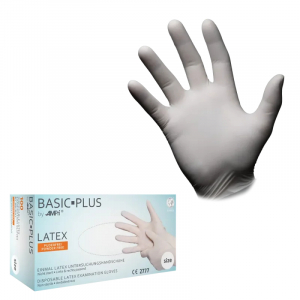 Ampri-Hygiene, Einweg-Latex-Einmal-Handschuhe, BASIC PLUS, puderfrei, wei, Pkg  100 Stck, VE = 1 Pkg.