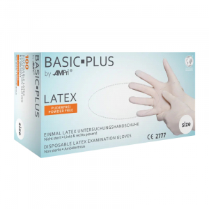 Ampri-Hygiene, Einweg-Latex-Einmal-Handschuhe, BASIC PLUS, puderfrei, wei, Pkg  100 Stck, VE = 1 Pkg.