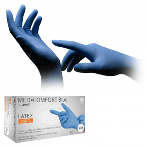 Ampri-Hygiene, Einweg-Latex-Einmal-Untersuchungs-Handschuhe, MED COMFORT BLUE, puderfrei, blau, Pkg  100 Stck, VE = 1 Pkg.
